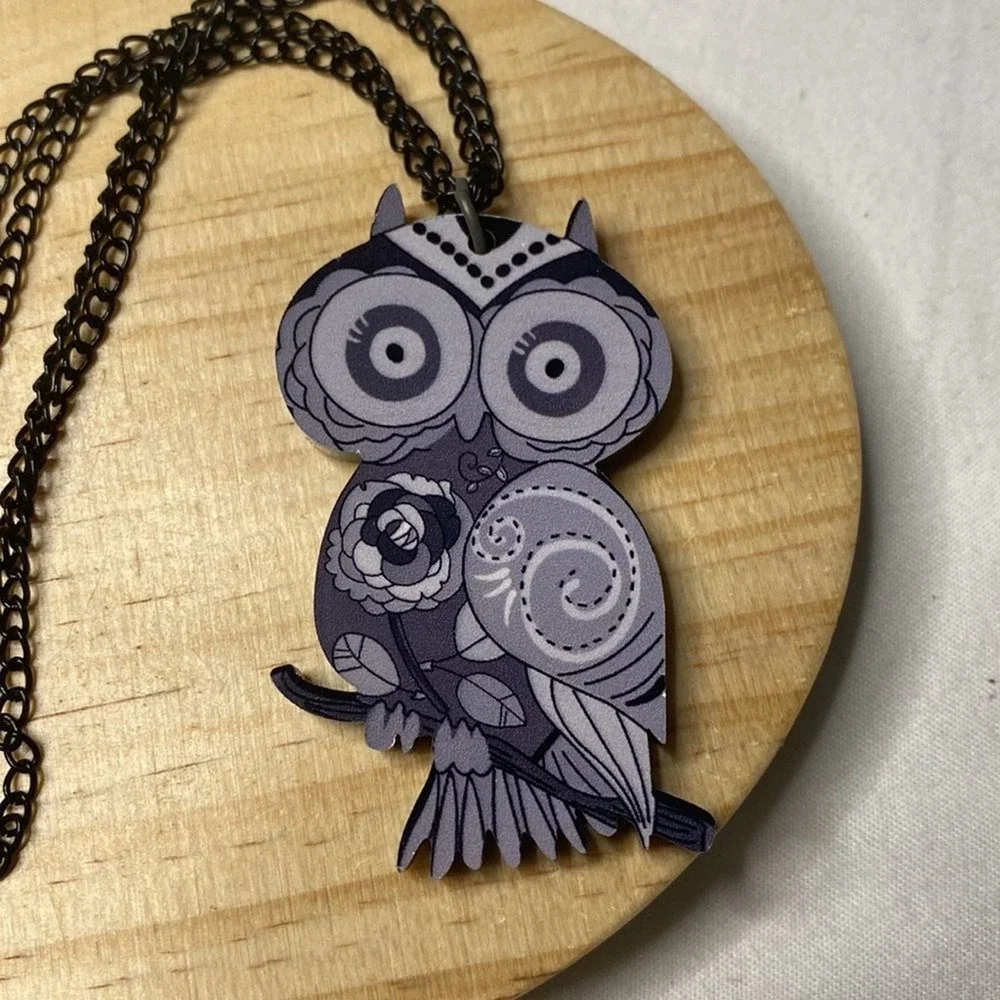 Owl Pendant Necklace 18in Chain Drop Dangle Hook Gray/Black Bird Fashion Art New